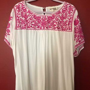 Savannah Jane, 2X, Pink Embroidered White Mexican Top